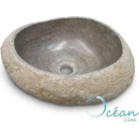 Vasque à poser en pierre de rivière Galéo – Forme libre, finition brute et intérieure polie – Diamètre 40-48 cm, hauteur 15 cm – Ocean Line