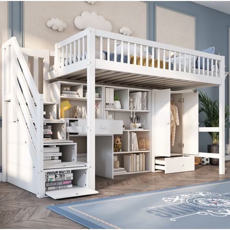 Lit mezzanine enfant 90/200 cm blanc en bois massif et MDF avec bureau, escalier de rangement et penderie (1/4)