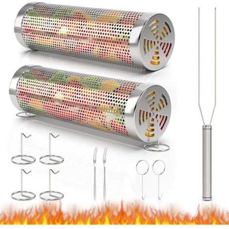 Lot de 2 paniers a griller portatifs avec fourchette , en acier inoxydable , cadeau pour amateurs de barbecue (1/5)