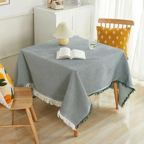 Nappe Carree 90x90cm, Nappe en Coton Lin Anti Tache Tricoté Vert à Pompons Nappe Table Basse Lavable