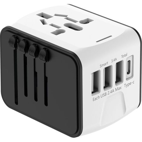 Adaptador de viaje universal Debuns de 1500 W: 3 puertos USB y 1 puerto tipo C. Enchufes para la UE, Reino Unido, EE. UU. y Australia. Compatible con 224 países. Doble fusible para máxima seguridad. (1/5)