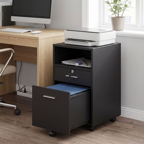 Büroschrank Rollcontainer, 2 Schubladen, eine Schublade abschließbar, 5 Rollen, Schwarz, 40 x 40 x 65 cm (1/5)