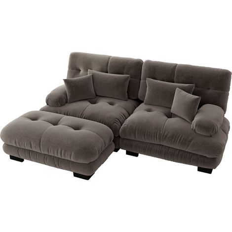 Modulares Ecksofa aus braunem Chenille mit 2 Lendenkissen, 2 Zierkissen und Hocker (1/5)