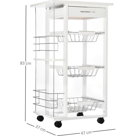 Chariot de service desserte de cuisine à roulettes multi-rangements 3 paniers métal tiroir + 2 range-bouteilles bois pin blanc (1/5)