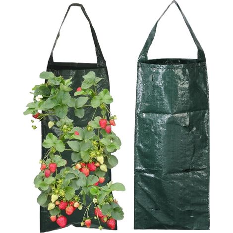 Lot de 2 sacs de plantation pour fraises suspendus avec 8 trous, sac de plantation vertical avec poignées, respirants, pour fraises, tomates, herbes (vert) (1/5)