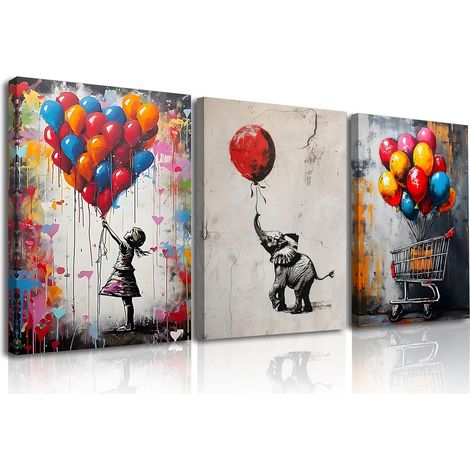 Peinture Impression Sur Toile Graffiti, Ballons Art Mural En Toile, Peintures Sur Toile, Tableau Sur Toile Colorées Pour Salon Chambre à Coucher Bureau Cuisine, 3x 30x40cm, Avec Cadre en Bois (1/5)