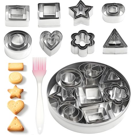 Lot de 24 mini emporte-pièces en acier inoxydable avec pinceau, 8 moules pour enfants, fleurs, fondants, biscuits, pour la préparation de biscuits (1/5)