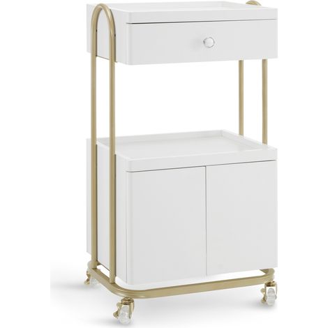 M MCombo Servierwagen mit Rollen & Schublade, Rollwagen Friseurwagen Weiß-Gold, Salon Trolley mit 2 Ablagen und Schrank, Moderner Arbeitswagen für Bad Wohnzimmer, 36x50x87cm, 0086