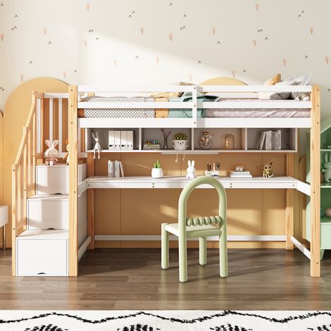 Letto a castello per bambini 90x200 cm, con scrivania integrata, scala con vano contenitore, legno massello, bianco e rovere (1/5)
