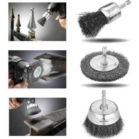 Brosse Métallique - Acier Inoxydable - Tige Hexagonale 6 mm - Pour Perceuse - Lot de 12 (1/4)