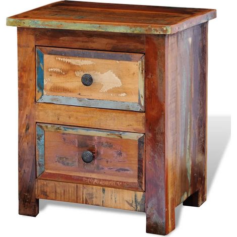 Table de Chevet, Table de nuit, pour Chambre Salon Couloir, avec 2 tiroirs Bois massif recyclé OIB4513E (1/5)