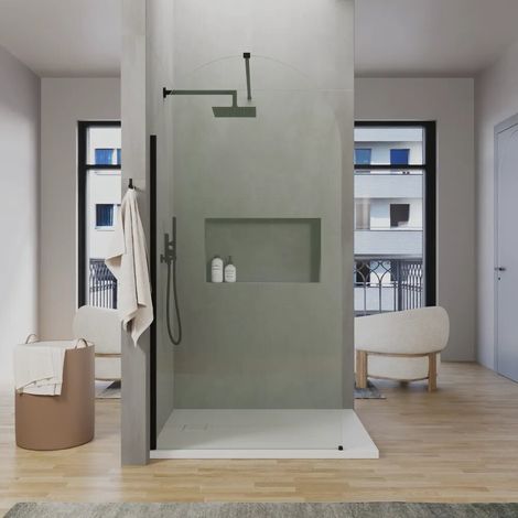 Cabine de douche à l italienne en arc de 80 cm avec profilé noir mat et verre transparent de 8 mm Easy Clean H200 Nusa (1/4)