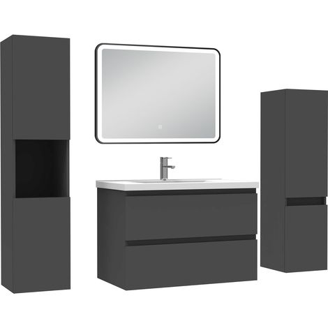 Acezanble Meuble Salle de Bain 80cm avec colonne + miroir lumineux 3 couleurs Anthracite