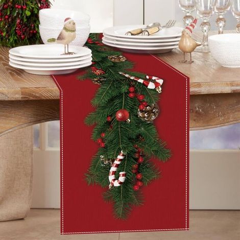 1 Chemin de Table de Noël Rouge, Chemin de Table en Lin de Noël Rouge avec Imprimé de Cloche Arbre de Noël Canne en Bonbon, Nappe de Table Longue de Noël pour Décoration Table Fête Noël (33 x 183 cm ) (1/5)