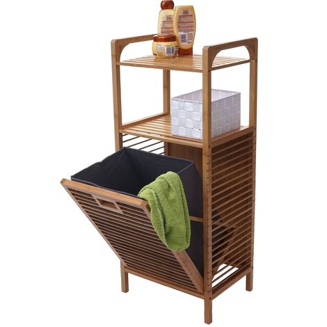 Étagère avec corbeille à linge HWC-B94, étagère indépendante, panier à linge, bambou, 95x40x30cm 28l (1/5)