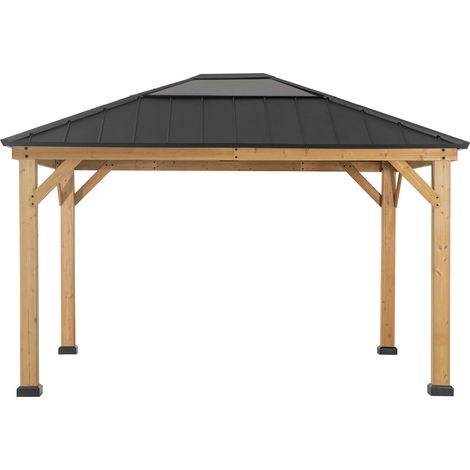 Sunjoy – Tonnelle en cèdre 336x394 cm – Toit rigide en acier et polycarbonate – Résistante aux intempéries et UV – Moustiquaire intégrée