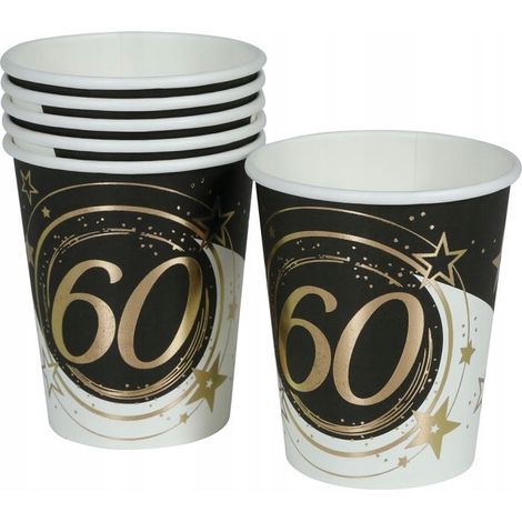 Bicchieri di carta per il 60° compleanno, edizione "Sixty" oro e nero, 240 ml, confezione da 6 pezzi. (1/3)