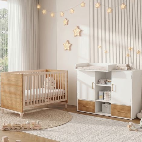 Set lit bébé 70x140 cm bois/MDF blanc naturel, table à langer rangement, chambre bébé – MEUBLIV (1/5)