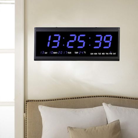 Led Digitale Wanduhr 48cm Kalenderuhr Temperatur Wanduhren Digitaluhr Ziffer Display Tischuhr für Zimmer Küche Büro, EU Stecker (Blau) (1/5)