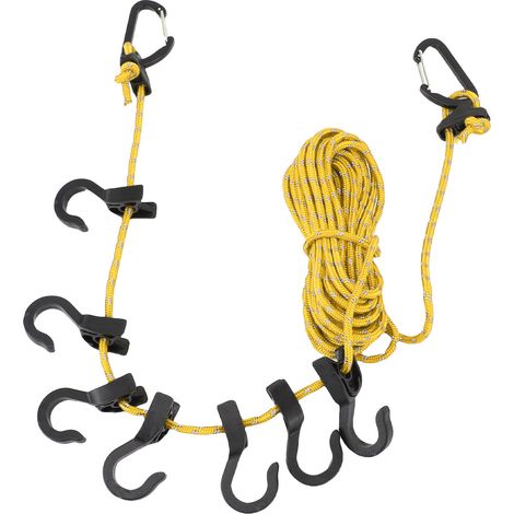 Corde à linge portable de voyage, réglable en longueur (5 m), résistante au vent, avec crochets, idéale pour le camping et les activités de plein air. Couleur jaune réfléchissante. (1/5)