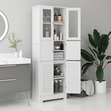 Armoire à colonnes de salle de bain avec 3 armoires avec 2 portes, armoire polyvalente avec verre & portes à persiennes, 60x30x170, blanche