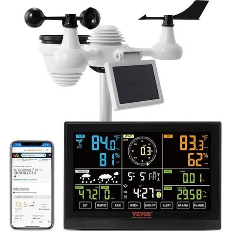 Station Météo - VEVOR - WiFi 7 en 1 - Wi‑Fi 2,4 GHz - Écran couleur 7,5 pouces - Panneau solaire IPX6