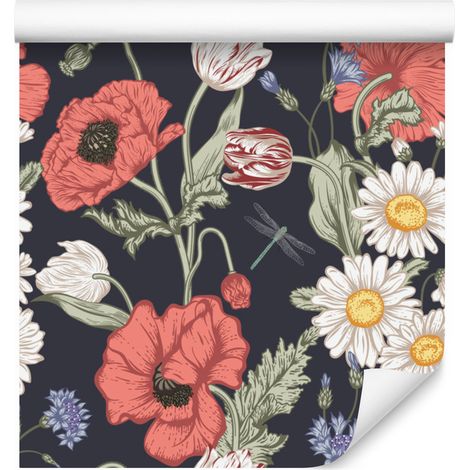 Papel pintado con tulipanes, amapolas, acianos y margaritas para salón y dormitorio, 50x1000 cm. (1/5)