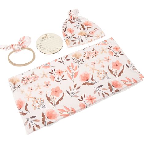 Couverture de réception pour nouveau-né à imprimé floral 4 pièces avec bandeau, respirante et douce, type 2 (1/5)