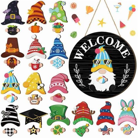 Décoration En Bois - Panneau Accrochable Avec Accessoires Échangeables - Pour Noël Halloween Pâques Été - 1 Pièce