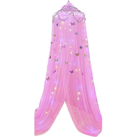 Betthimmel für Mädchenzimmer, Betthimmel-Vorhänge mit LED-Lichtern, Moskitonetz, DIY-Prinzessinnenzimmerdeko mit Schmetterlingen, leuchtend pink (1/5)