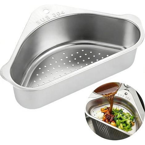 1 - Étagère De Vidange - Panier Triangulaire - Acier Inoxydable 304 - Filtre Déchets Et Lavage Fruits - Pour Évier De Cuisine - Argent - 25x25x10cm (1/5)