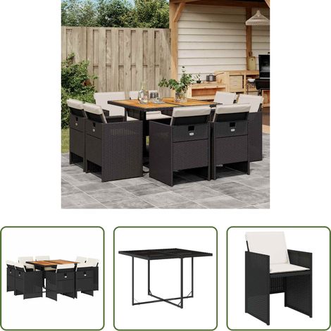 Essgruppe - 9-tlg. Garten-Essgruppe mit Kissen Schwarz Poly Rattan (1/5)