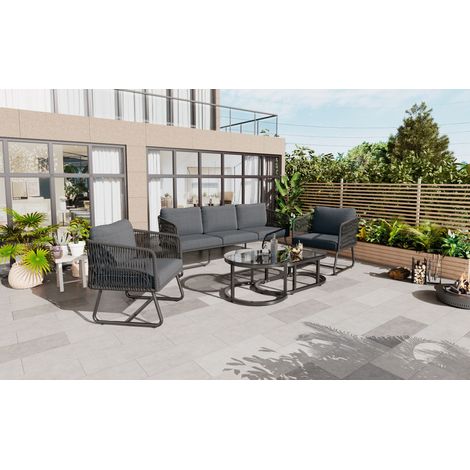 Salon de jardin fer galvanisé, corde grise, pieds réglables, plateau verre lisse, 5 pièces, tous coussins inclus (1/5)