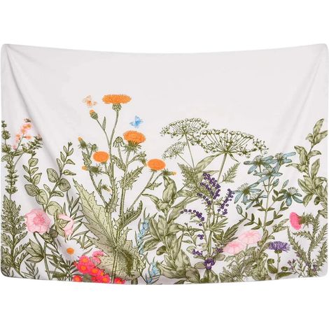 Wandteppich im Vintage-Stil mit farbenfrohen Blumenmotiven, die aromatische Kräuter und Wildblumen darstellen. Eine Wanddekoration, die eine Naturlandschaft zeigt und sich ideal für Wohn- oder Schlafz