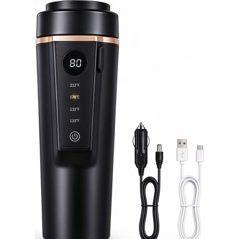 Bouilloire électrique de voyage pour voiture 400 ml beige, tasse chauffante 12V‑24V en acier inoxydable 316, contrôle de température variable, couvercle anti-déversement, tasse chauffante USB pour thé (1/5)