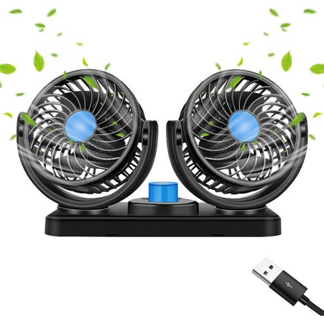 12-V-USB-Autoventilator, Doppelkopf, tragbar, 360° drehbar, geräuscharm, 2 Geschwindigkeiten, mit Zigarettenanzünder-Stecker, für Auto, Zuhause und Büro, Schwarz