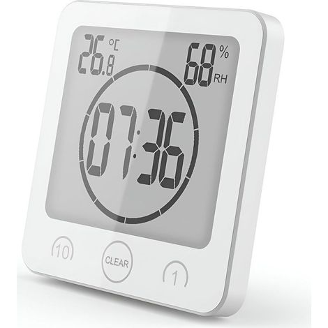 Pommeau de douche de salle de bain, étanche, commande tactile, affichage LCD numérique, alarme, thermomètre/hygromètre, minuteur, fonctionne sur piles, pour cuisine cosmétique (blanc) (1/5)