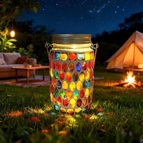 Mosaic Solar Lantern Outdoor Hanging Lamp, Solar Glass Table Lamp, Outdoor - Red (1/5)
