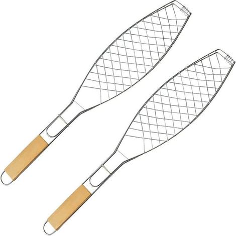 Lot de 2 paniers à poisson en acier inoxydable avec poignée en bois, outil de barbecue portable pour rôtir poissons, légumes et crevettes (1/5)