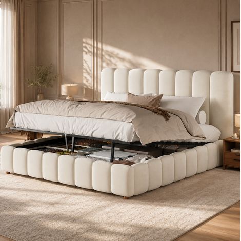 Lit coffre 180x200 cm beige en velours avec sommier à lattes et tête de lit capitonnée (1/5)