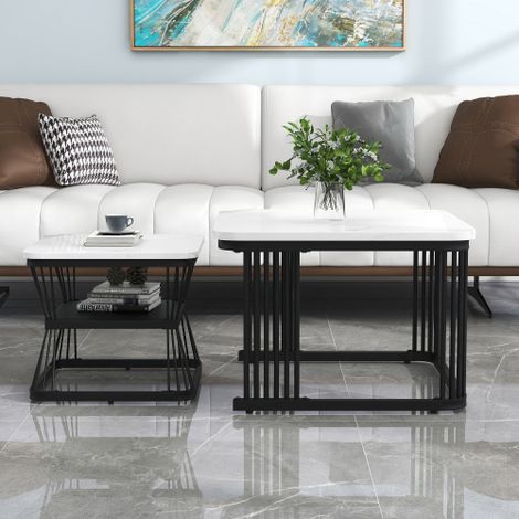 Lot de 2 tables d'appoint modernes, MDF finition effet marbre, acier tubulaire (blanc brillant / noir)