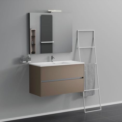 Inda - Badezimmerschrank 2 Schubladen L.100 mit Waschbecken, Spiegel und Lampe – Matt Nerz