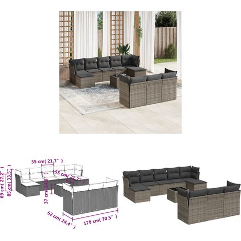 11-tlg. Garten-Sofagarnitur mit Kissen Grau Poly Rattan - Gartenmöbel - PE-Rattan Möbel - Outdoor Sofa Set - Esstisch - Lounge Set - Home & Living (1/3)