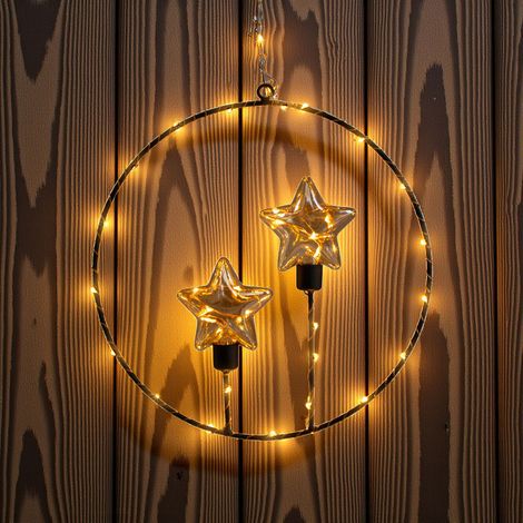 Metall Dekoring mit 42 LED in soft gold mit Timer - 28 cm - Weihnachtskranz zum Hängen mit 2 Leuchtsternen
