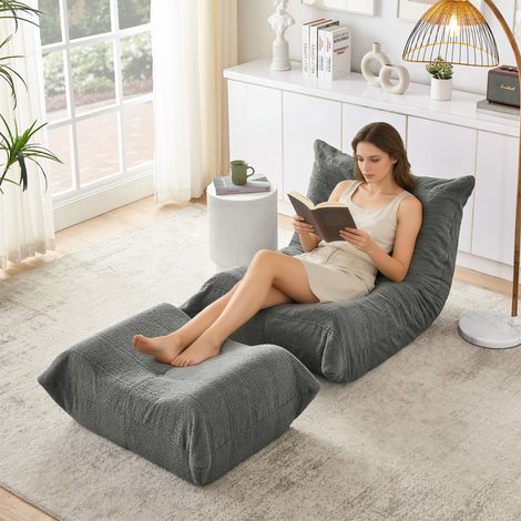 Canapé-Pouf avec dossier et repose-pieds – Rembourré mousse haute résilience – Dimensions 166 × 90 cm – Sans montage – Multi-usages pour salon et chambre – Gris (1/4)