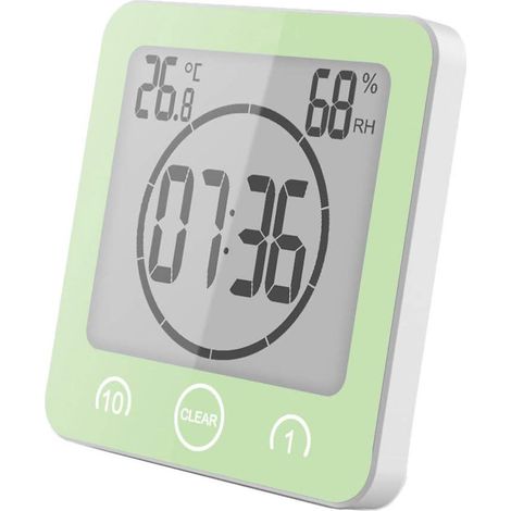 Montre de douche étanche LCD, horloge de salle de bain avec alarme numérique, thermomètre hygromètre, minuterie compte à rebours tactile, couleur verte (1/5)