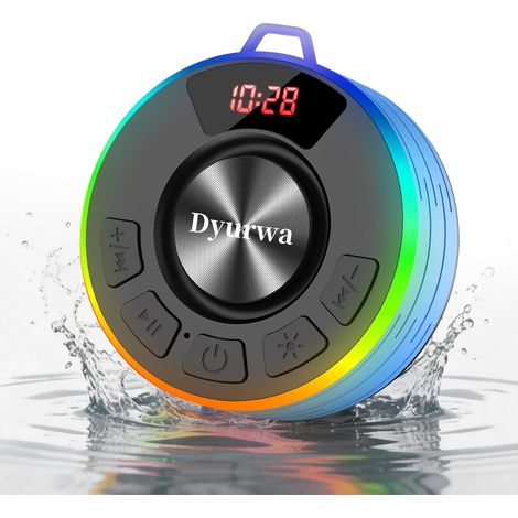 Enceinte Bluetooth Douche, Enceinte Bluetooth 5.3 avec HD Mic, 360° Stéréo enceinte bluetooth Portable Étanche IPX7 avec Ventouse, 10h Haut-Parleur de Douche Lumière LED pour Salle de Bain, Extérieur (1/5)