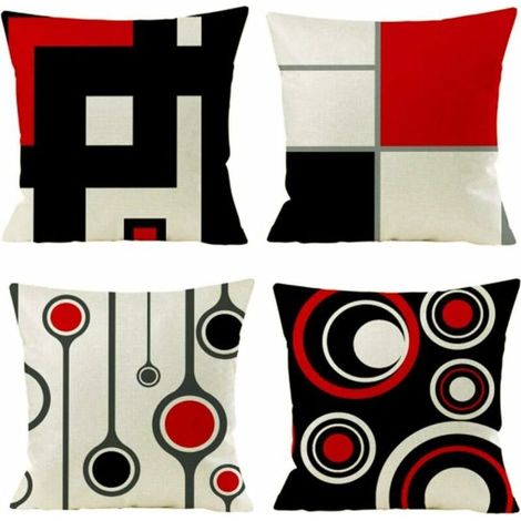Housse de Coussin, Lot de 4 en Coton et Lin Moderne Noir Rouge Géométrique Modèle Décoratif Taie d'oreiller Décoration pour Canapé Chambre Maison 45 x 45 cm