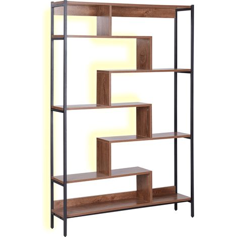Estantería LED abierta de 6 baldas de madera oscura marco de acero negro almacenaje industrial Daven