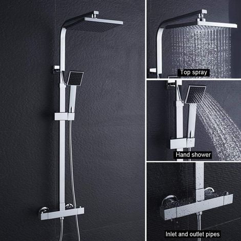 Auralum Colonne de Douche Thermostatique Système de Douche Carré avec Mitigeur Thermostatique Ensemble de Douche Épais en Laiton Chromé pour Salle de Bains (1/5)